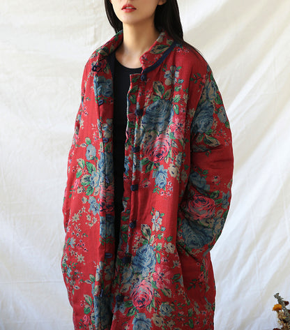 Winter Cotton And Linen Women Retro Art Floral Print Cotton Clothing Cotton Coat - fizzle