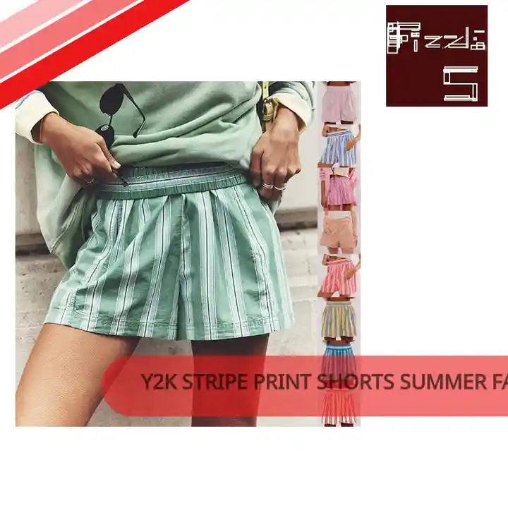 Y2K Stripe Print Shorts Summer Fashion Elastic Beach Pants With Pockets Womens Clothing by@Outfy