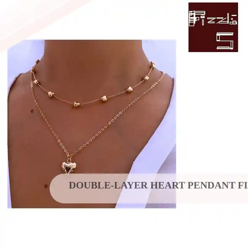 Double-layer Heart Pendant Fine Chain Neckllace Jewelry Accessories by@Outfy